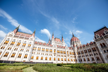 View on the famous Parliament building during the sunny morning light in Budapest city, Hungary