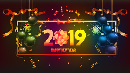 vector illustration of happy new year 2019 gold and black colors place for text christmas balls