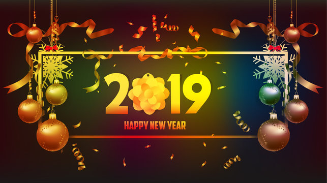 vector illustration of happy new year 2019 wallpaper gold and black colors place for text christmas balls