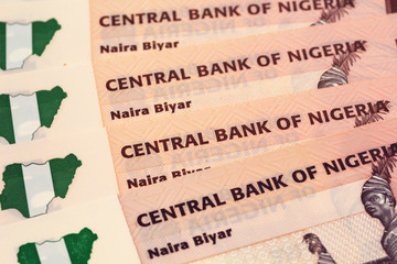 A close up image of Nigerian bank notes and coins