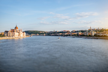 Landscape view on the famous parliament building on Danube river during the sunset in Budapest city, Hungary
