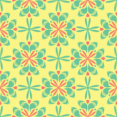 Seamless background with floral pattern. Bright yellow, pink and blue background