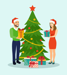 Family at Christmas. Family standing near christmas tree. Vector flat illustration