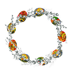 Ritual, traditional, cultural, festive, floral, Easter wreath. Multicolored, chicken egg. Spring verbba. Watercolor. Illustration