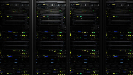 Computer equipment and telecommunication technologies, 3D rendering of a modern dark server data center in the storage center - Powered by Adobe
