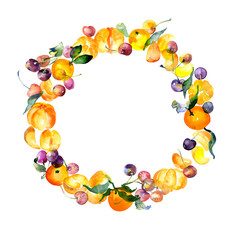 Festive, southern, appetizing, children's, citrus, berry wreath of mandarin and cherry. Graphic arts. Watercolor. Illustration