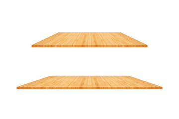 Perspective empty wooden counter with white background. Including clipping path for product display montage or design layout.