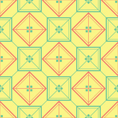 Seamless background with geometric shaped elements. Bright yellow background with pink and green design