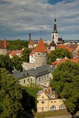 Fototapeta premium TALLINN, ESTONIA - View from Viewing Point Kohtuotsa, Toompea hill at The Old Town, St. Olaf's Church, Baltic sea and cruise ferry