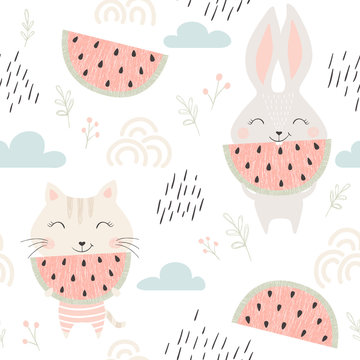 Kitty And Bunny Seamless Pattern