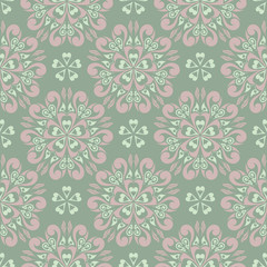 Olive green floral seamless pattern with pale pink elements. Background with flower designs