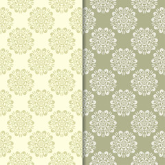Olive green floral ornamental backgrounds. Set of seamless patterns