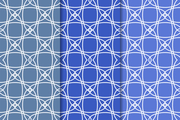 Blue geometric ornaments. Set of seamless patterns