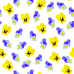 Lilac, violet and yellow pansies seamless pattern. Floral vector background.