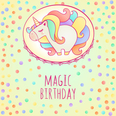 Cute cartoon unicorn with colorful hair. Vector illustration of magic creature. Unicorn character in flat design