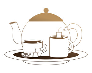 teapot with delicious lemon tea cups isolated icon vector illustration design