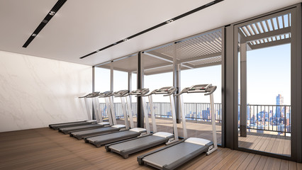 Gym at high rise condominium with Sky City view , 3d rendering