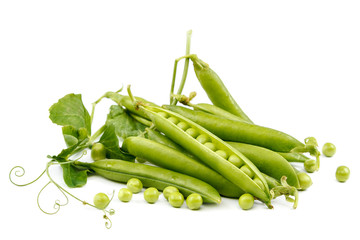 Fruits of green peas on white background.