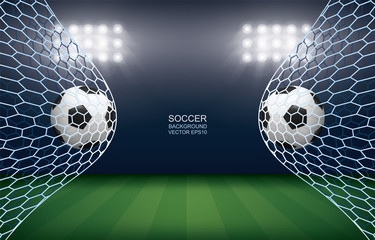 Soccer football ball in soccer goal with soccer field stadium background. Vector. © Lifestyle Graphic