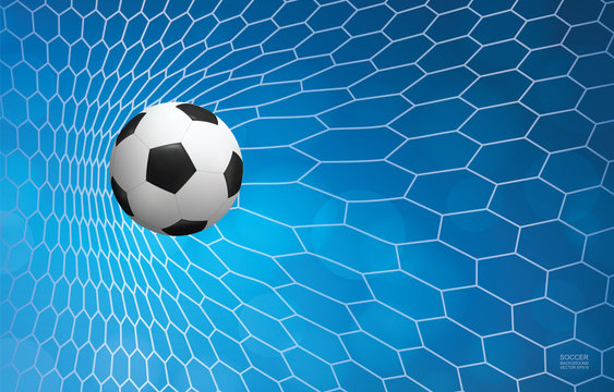 Soccer football ball in goal and soccer net with light blurred bokeh background for football sport. Vector.