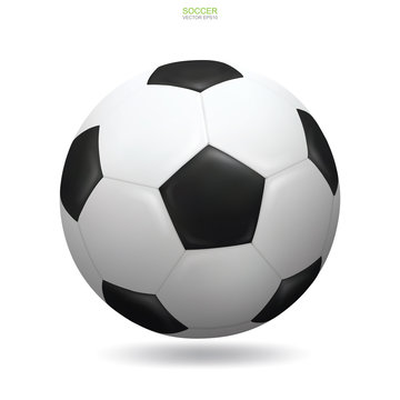 Realistic soccer football ball on white background with soft shadow. Vector.