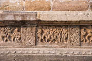Carved panel depicting women dancing to music. Airavatesvara Temple, UNESCO World Heritage Site, Darasuram, Tamil Nadu, India
