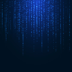 Abstract bright blue magic sparkling glitter particles lines on dark background.