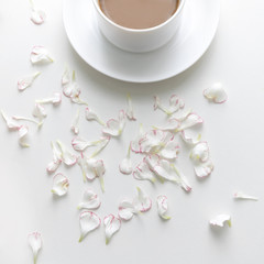 A white cup of coffee with carnation petals on white background. flat lay. Top view.