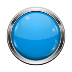Blue button with chrome frame. Round glass shiny 3d icon