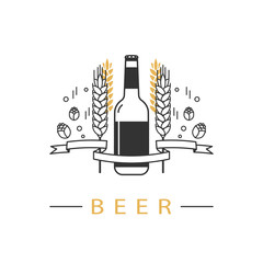 Beer bottle, hops, wheat and ribbon . Linear icon. Sign, design element, symbol, emblem, label, logo for brewery, beer restaurant, pub, bar, menu, website. Vector illustration.