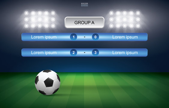 Match schedule of soccer football cup with soccer ball stadium background. Soccer football tournament schedule. Vector.