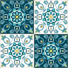 Foto auf Acrylglas Portuguese tile pattern vector with baroque floral ornament motifs. Portugal azulejo, mexican talavera, spanish or italian majolica design. Tiled texture background for wallpaper or flooring ceramic. © irinelle