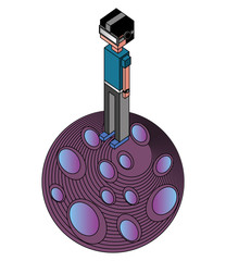 boy using vr goggles standing on game planet vector illustration isometric