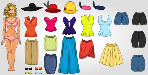 Assets for a dress up game, clothing, shoes and accesories. Character in pop art style. Sketchy style. Assortment of different colored modern clothes. Vector illustration.