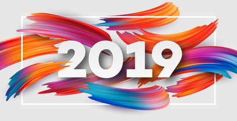 2019 New Year on the background of a colorful brushstroke oil or acrylic paint design element. Vector illustration - obrazy, fototapety, plakaty