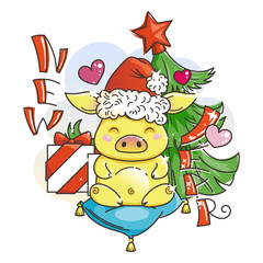 Cute cartoon pig in love. Symbol of New 2019 Year