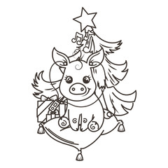 Happy New 2019 Year card with cartoon baby pig. Small symbol of holiday.