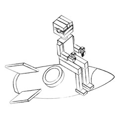 boy using vr goggles sitting on 3d rocket vector illustration sketch