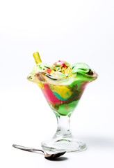 Green tea and fruit ice cream in a cup