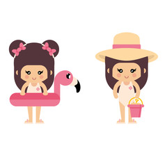 cartoon summer girl in a swimsuit with flamingo float and summer bucket set
