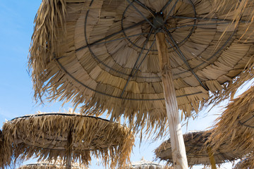 on the beach in the shade under straw umbrellas