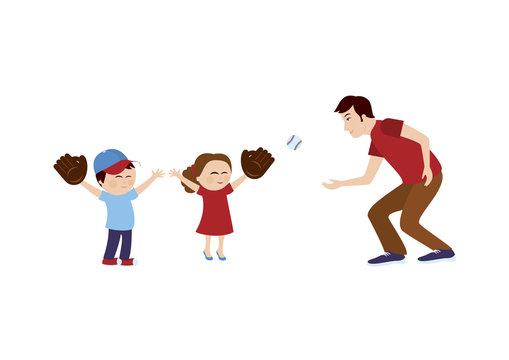 Dad and kids vector illustration. Daddy with children. Fathers Day illustration. Father with son and daughter. Father and children cartoon character. Kids playing baseball with dad