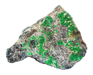 Uvarovite crystals on raw Chromite stone isolated