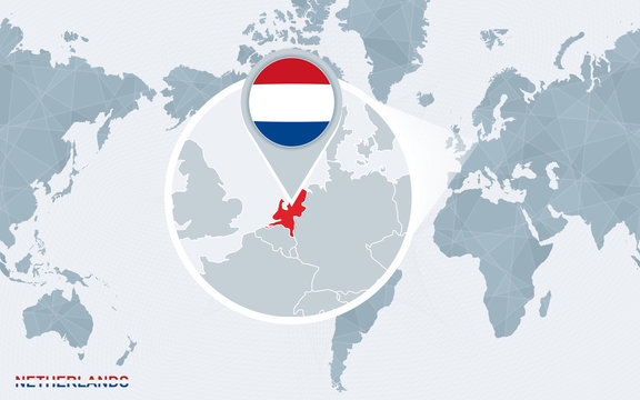 World map centered on America with magnified Netherlands.