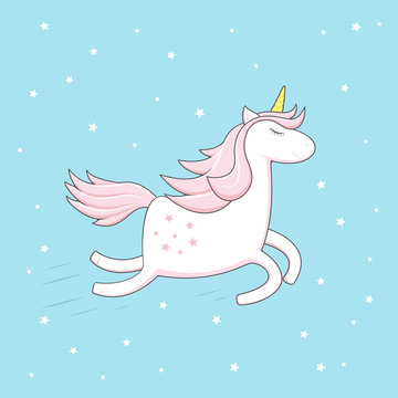 Unicorn on blue sky background with stars