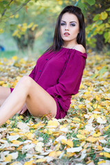 Beautiful woman posing sitting ground in autumn park