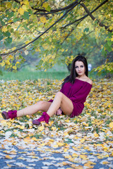 Beautiful woman posing sitting ground in autumn park