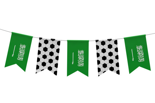 Saudi Arabia flag and soccer ball texture football flag bunting. 3D Rendering