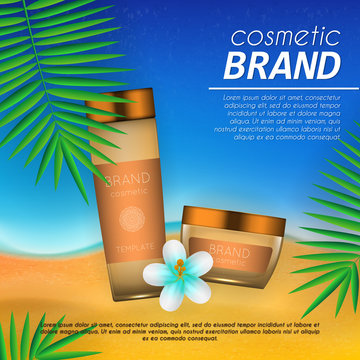 Summer sunblock cosmetic design template on beach background with exotic palm leaves. Realistic sun protection and sunscreen product ads.