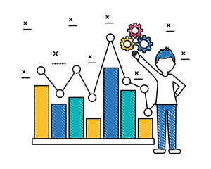 young man with statistical graphics and gears isolated icon vector illustration design